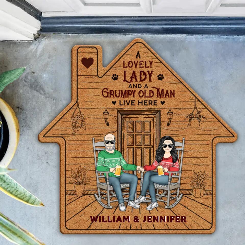 Personalized Couple House Shaped Rug - Up to 5 Dogs - Gift Idea For Couple/DogLovers - A Lovely Lady And A Grumpy Old Man Live Here