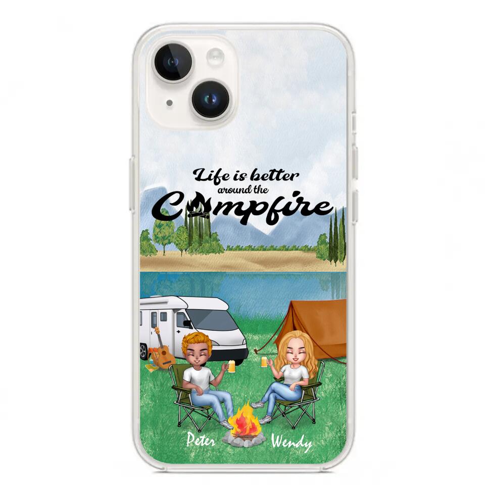 Personalized Camping Chibi Phone Case - Couple With Up to 2 Dogs - Gift Idea For Dog/Camping Lover - Life Is Better Around The Campfire - Case For iPhone And Samsung