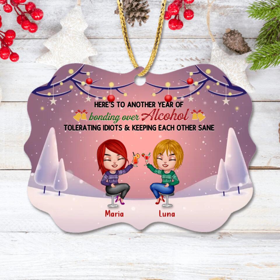 Personalized Friends Rectangle Wooden Ornament - Up to 8 People - Christmas Gift Idea for Friends/Sisters/Besties - Here's To Another Year Of Bonding Over Alcohol Tolerating Idiots & Keeping Each Other Sane