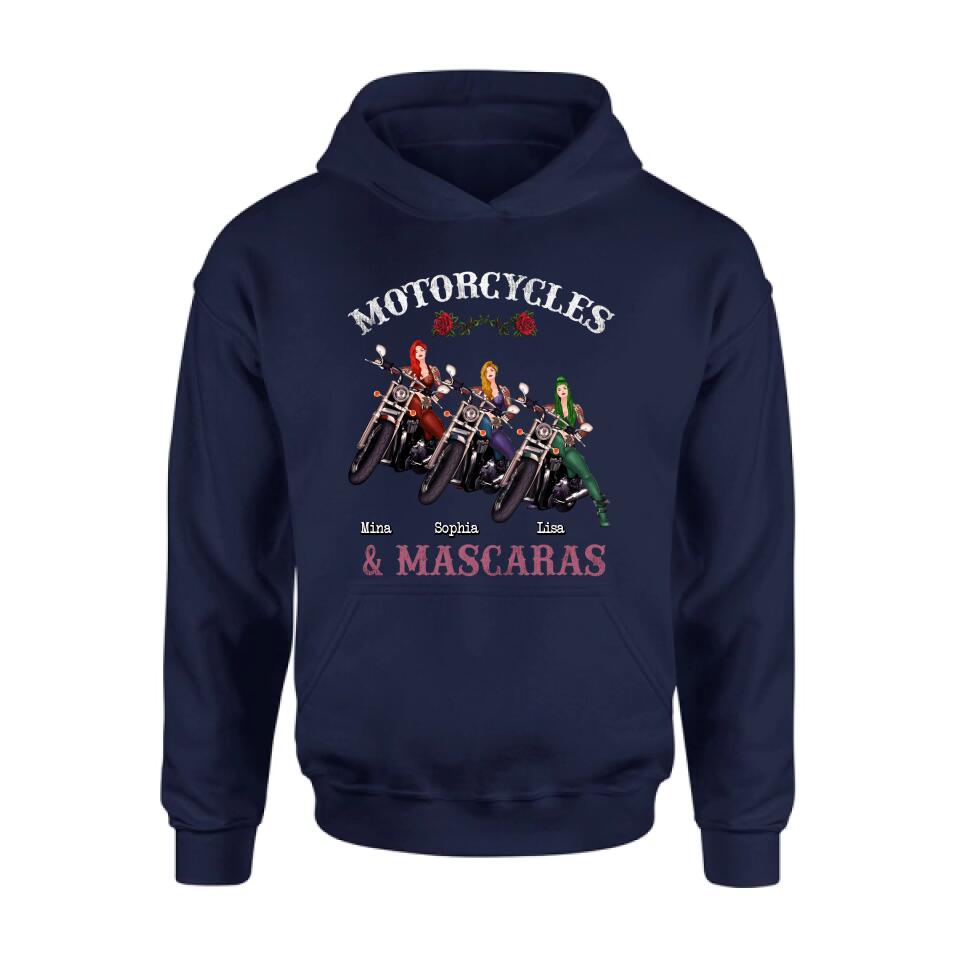 Personalized Biker Shirt/Hoodie - Gift Idea For Friends/Besties with up to 3 Girls - Motorcycles and Mascaras
