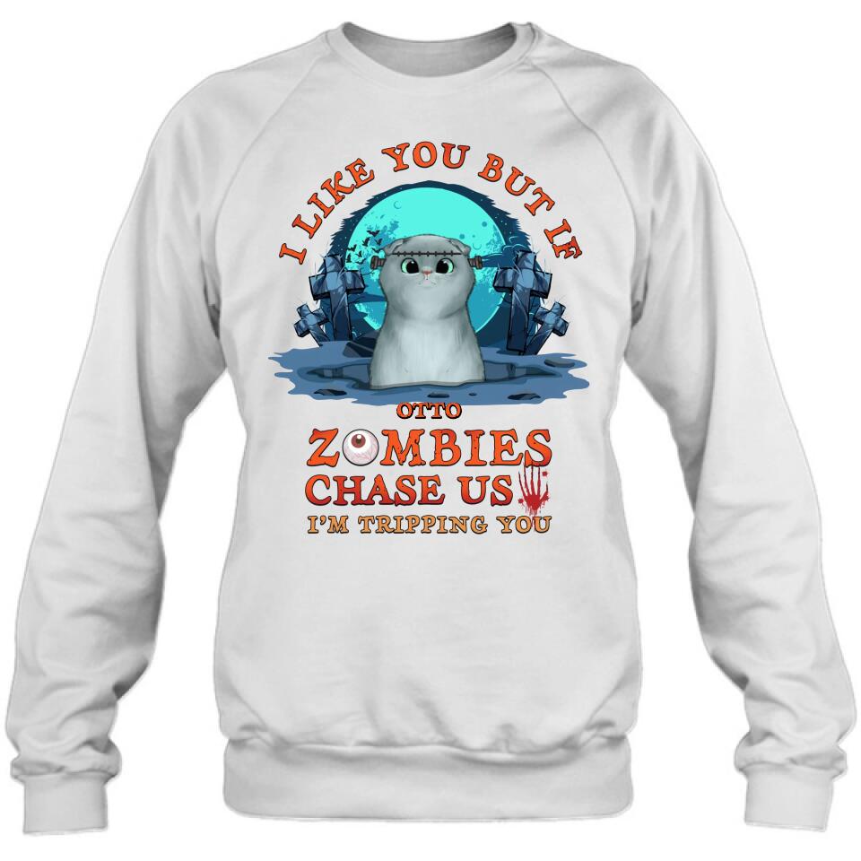Personalized Pet Shirt/Hoodie - Up to 5 Dogs/Cats - Halloween Gift For Dog/Cat Lovers - I Like You But If Zombies Chase Us I'm Tripping You