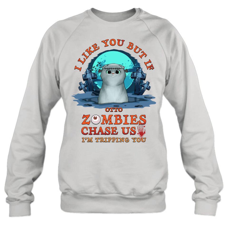 Personalized Pet Shirt/Hoodie - Up to 5 Dogs/Cats - Halloween Gift For Dog/Cat Lovers - I Like You But If Zombies Chase Us I'm Tripping You