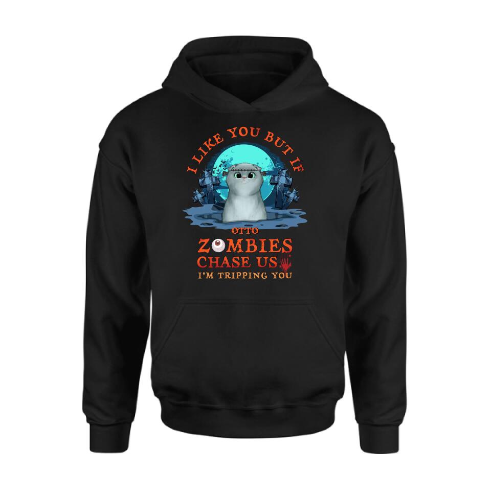 Personalized Pet Shirt/Hoodie - Up to 5 Dogs/Cats - Halloween Gift For Dog/Cat Lovers - I Like You But If Zombies Chase Us I'm Tripping You