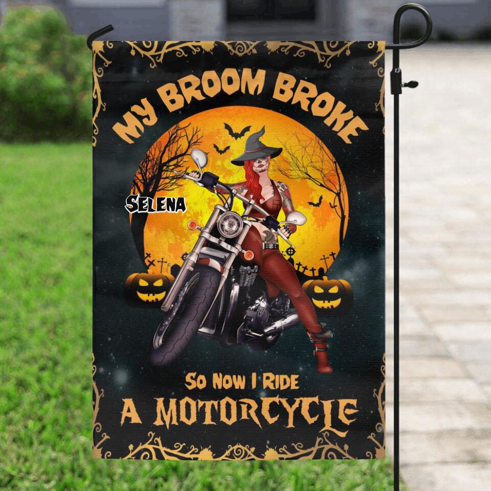Personalized Witch Flag - Up to 4 Dogs - Halloween Gifts For Friends/Dog Lovers - My Broom Broke So Now I Ride A Motorcycle