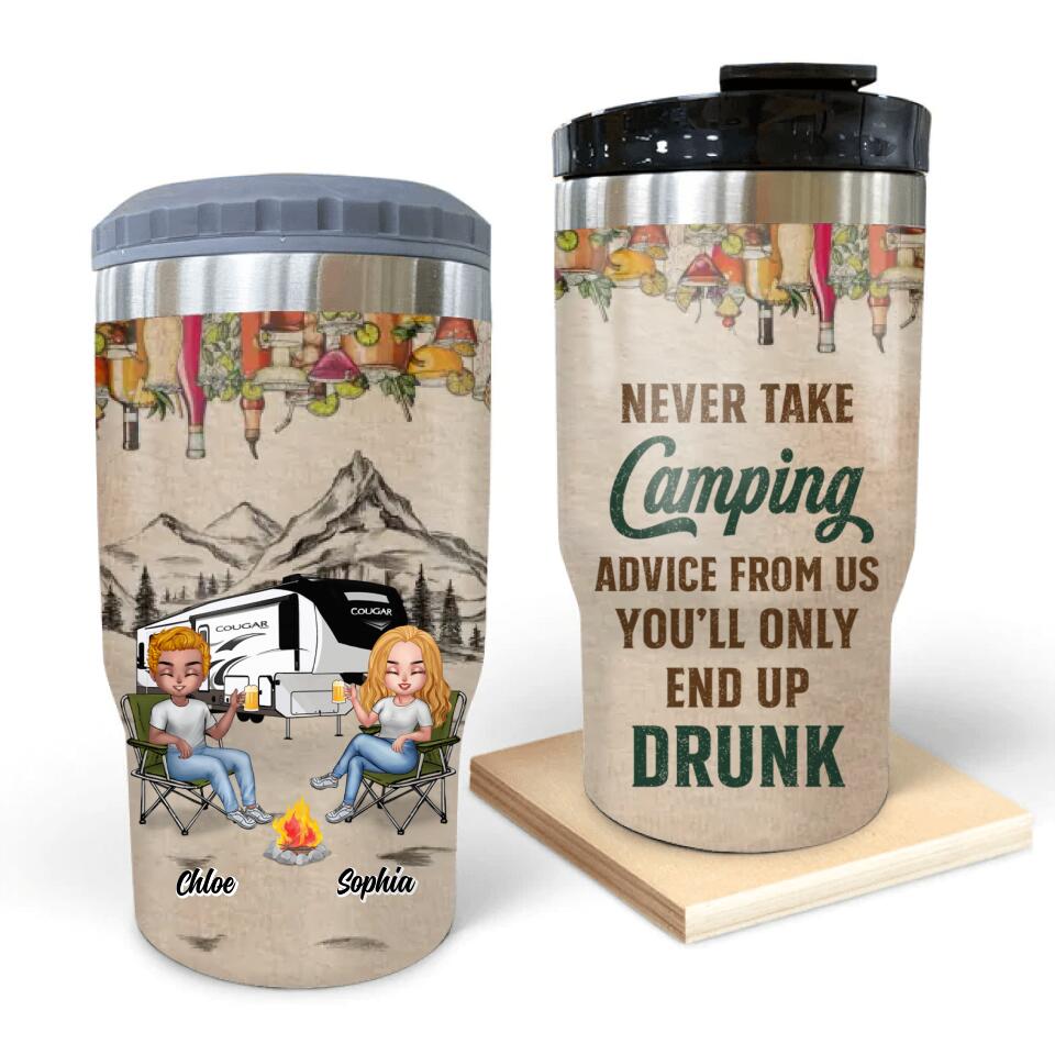Personalized Camping Friends 3 in 1 Can Cooler - Gift Idea For Camping Lovers/Friends/Besties - Up To 7 People - Never Take Camping Advice From Us You'll Only End Up Drunk