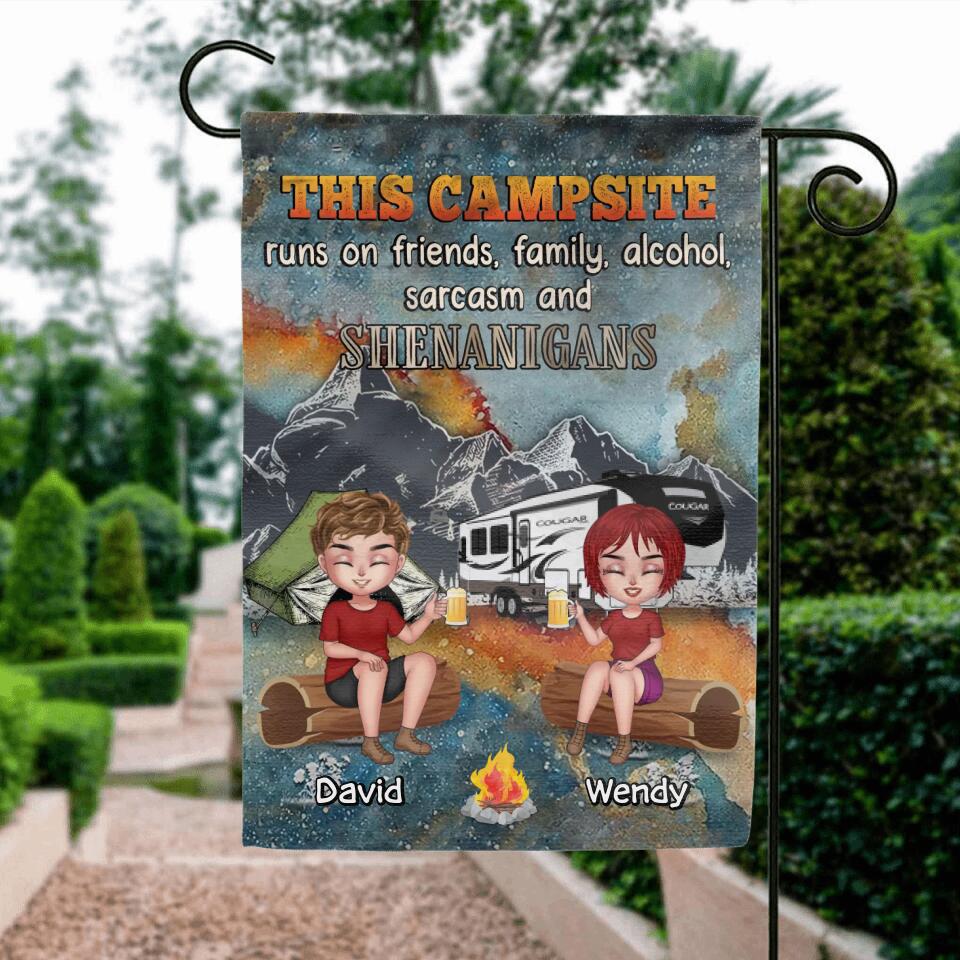 Personalized Camping Friends Flag Sign - Up to 6 People - Gift Idea For Friends/Camping Lovers - This Campsite Runs On Friends Family Alcohol Sarcasm And Shenanigans