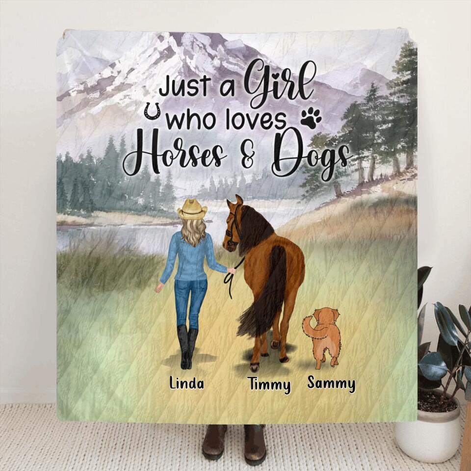 Personalized Horse & Dog Fleece Throw Blanket/Quilt - Gift Idea For Horse/Dog Lovers With Up To 2 Horses And 4 Dogs - Just A Girl Who Loves Horses & Dogs