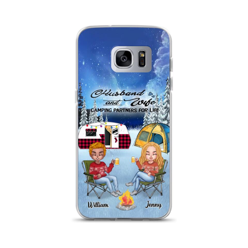 Personalized Camping Couple Xmas Phone Case - Christmas Gift For Couple/Camping Lover/ Dog Lover - Couple With Up to 4 Dogs - Husband And Wife Camping Partners For Life - Case For iPhone And Samsung