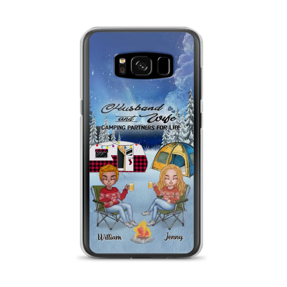Personalized Camping Couple Xmas Phone Case - Christmas Gift For Couple/Camping Lover/ Dog Lover - Couple With Up to 4 Dogs - Husband And Wife Camping Partners For Life - Case For iPhone And Samsung