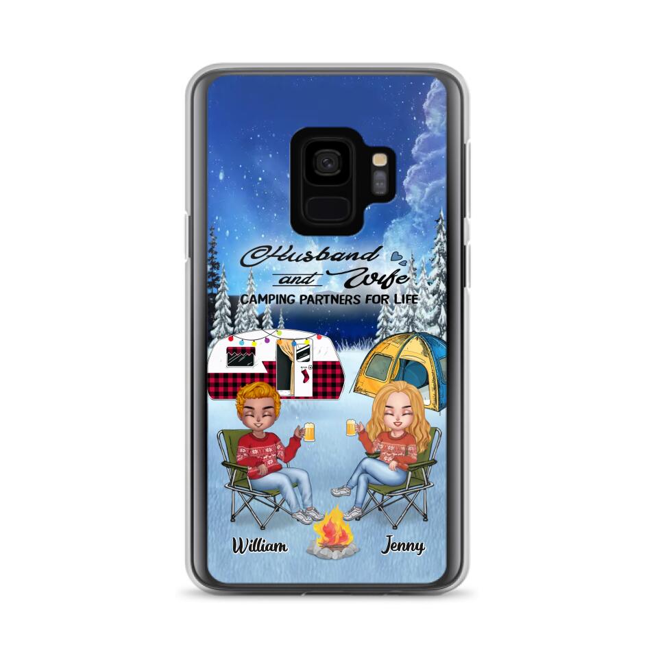 Personalized Camping Couple Xmas Phone Case - Christmas Gift For Couple/Camping Lover/ Dog Lover - Couple With Up to 4 Dogs - Husband And Wife Camping Partners For Life - Case For iPhone And Samsung