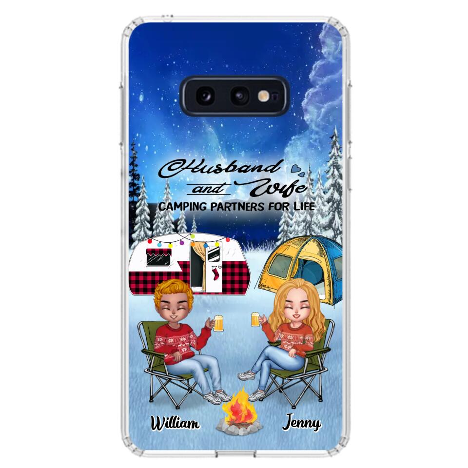 Personalized Camping Couple Xmas Phone Case - Christmas Gift For Couple/Camping Lover/ Dog Lover - Couple With Up to 4 Dogs - Husband And Wife Camping Partners For Life - Case For iPhone And Samsung