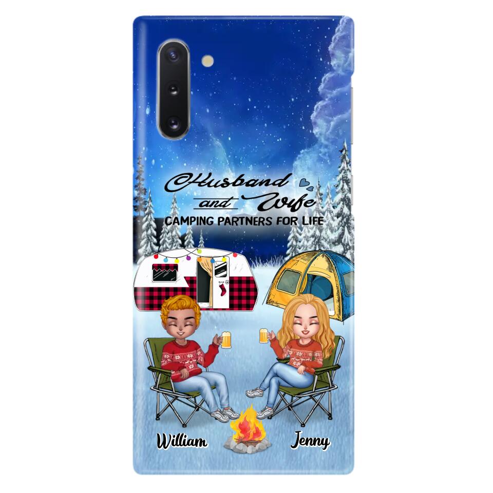 Personalized Camping Couple Xmas Phone Case - Christmas Gift For Couple/Camping Lover/ Dog Lover - Couple With Up to 4 Dogs - Husband And Wife Camping Partners For Life - Case For iPhone And Samsung