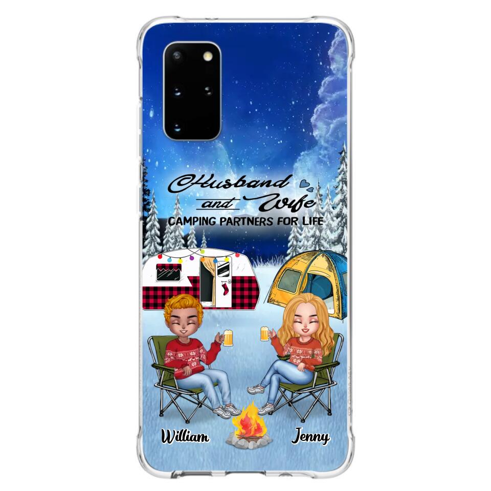 Personalized Camping Couple Xmas Phone Case - Christmas Gift For Couple/Camping Lover/ Dog Lover - Couple With Up to 4 Dogs - Husband And Wife Camping Partners For Life - Case For iPhone And Samsung