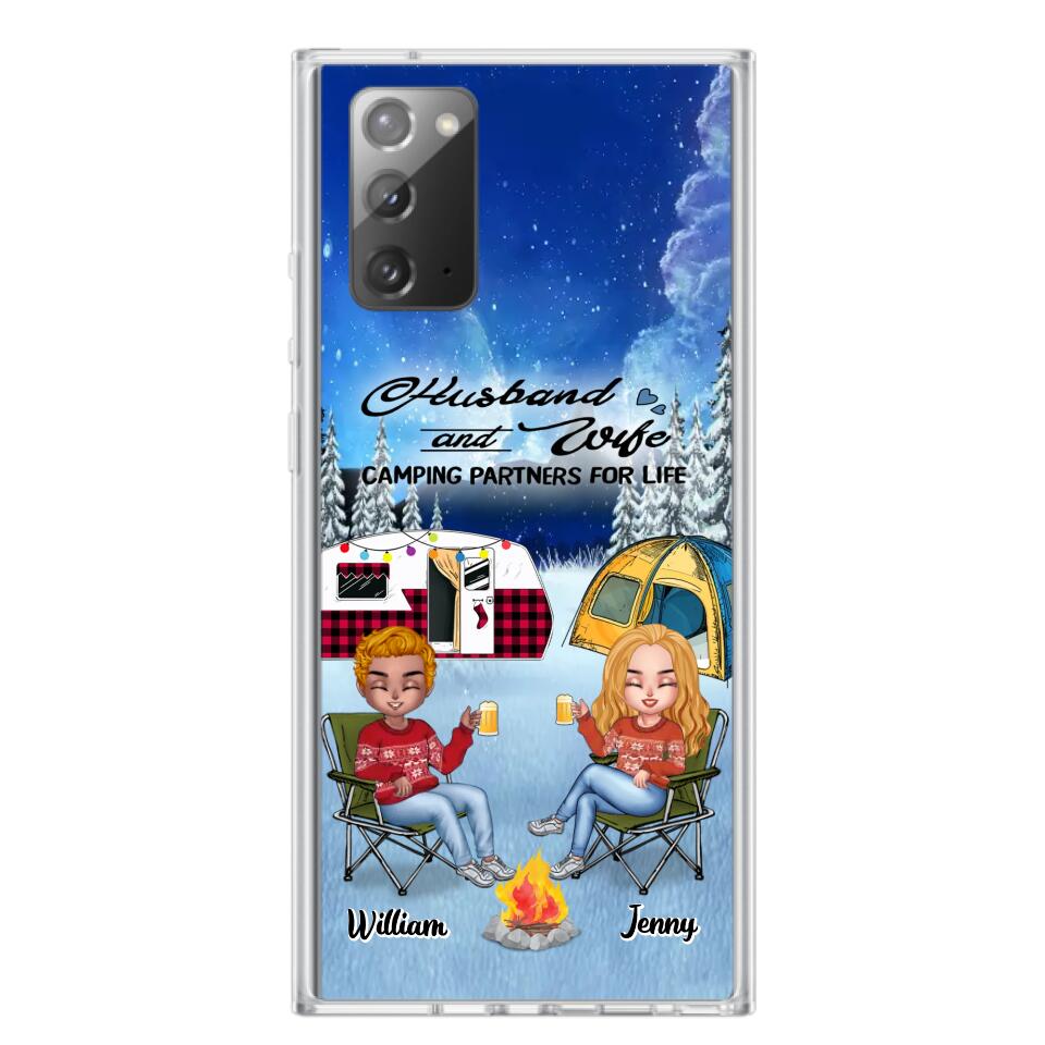 Personalized Camping Couple Xmas Phone Case - Christmas Gift For Couple/Camping Lover/ Dog Lover - Couple With Up to 4 Dogs - Husband And Wife Camping Partners For Life - Case For iPhone And Samsung