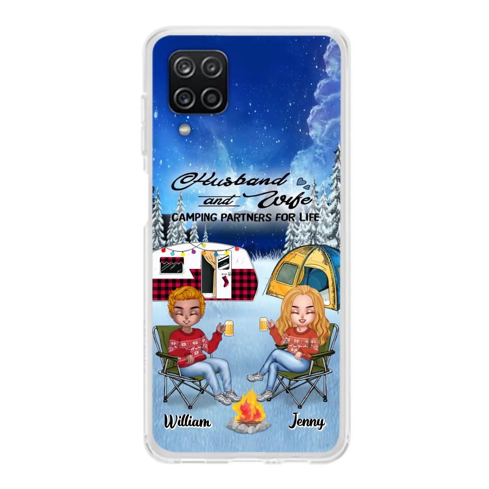Personalized Camping Couple Xmas Phone Case - Christmas Gift For Couple/Camping Lover/ Dog Lover - Couple With Up to 4 Dogs - Husband And Wife Camping Partners For Life - Case For iPhone And Samsung