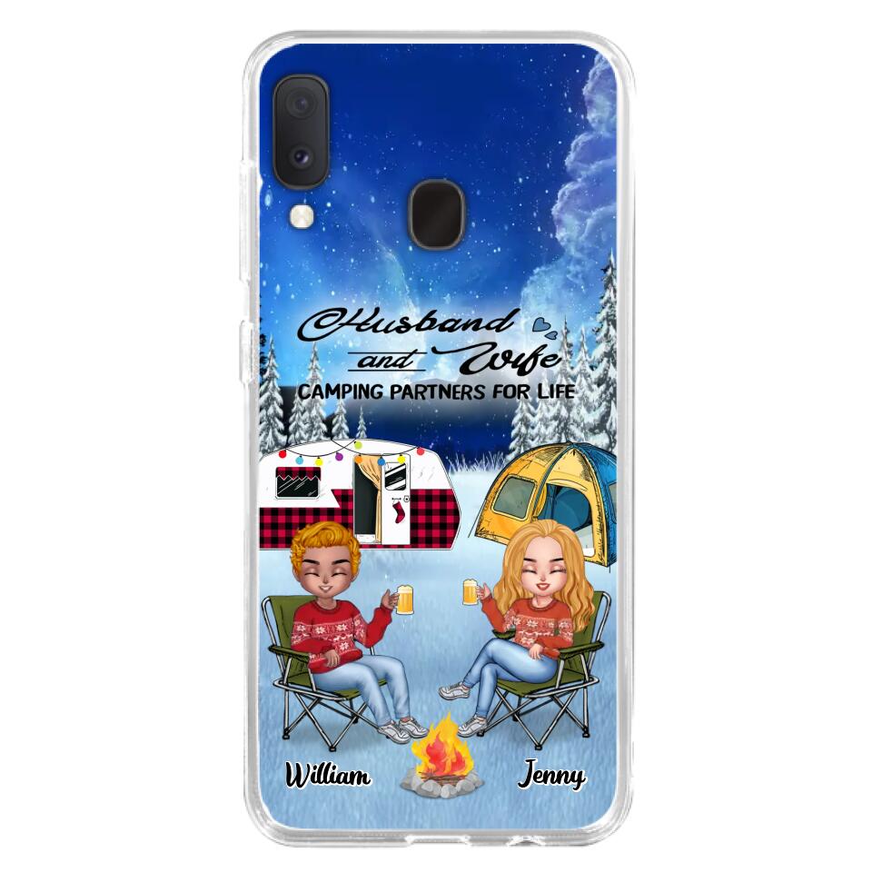 Personalized Camping Couple Xmas Phone Case - Christmas Gift For Couple/Camping Lover/ Dog Lover - Couple With Up to 4 Dogs - Husband And Wife Camping Partners For Life - Case For iPhone And Samsung