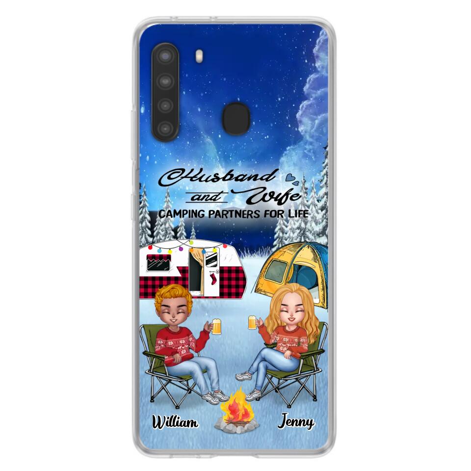 Personalized Camping Couple Xmas Phone Case - Christmas Gift For Couple/Camping Lover/ Dog Lover - Couple With Up to 4 Dogs - Husband And Wife Camping Partners For Life - Case For iPhone And Samsung