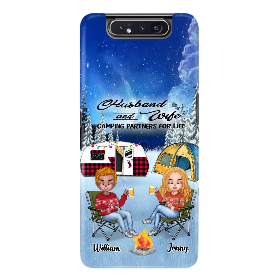 Personalized Camping Couple Xmas Phone Case - Christmas Gift For Couple/Camping Lover/ Dog Lover - Couple With Up to 4 Dogs - Husband And Wife Camping Partners For Life - Case For iPhone And Samsung