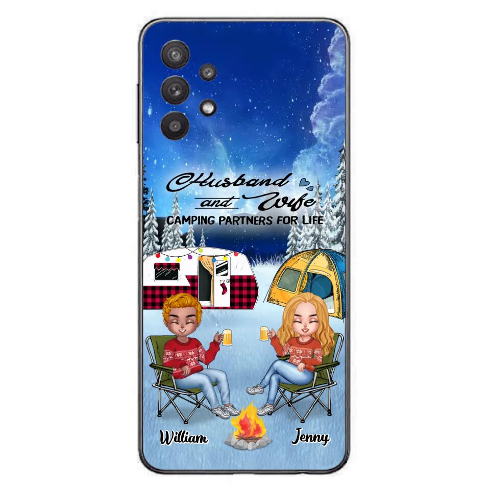 Personalized Camping Couple Xmas Phone Case - Christmas Gift For Couple/Camping Lover/ Dog Lover - Couple With Up to 4 Dogs - Husband And Wife Camping Partners For Life - Case For iPhone And Samsung