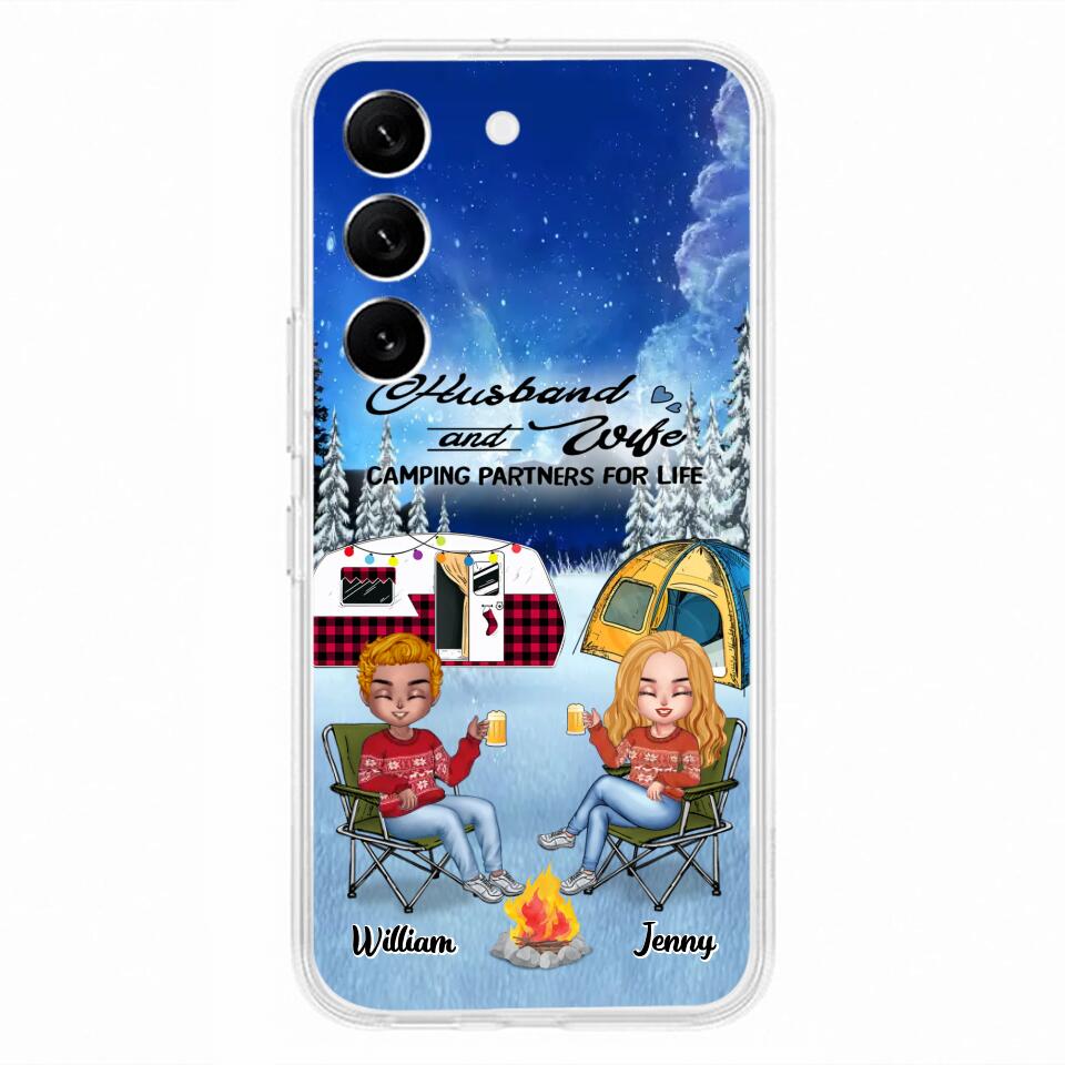 Personalized Camping Couple Xmas Phone Case - Christmas Gift For Couple/Camping Lover/ Dog Lover - Couple With Up to 4 Dogs - Husband And Wife Camping Partners For Life - Case For iPhone And Samsung