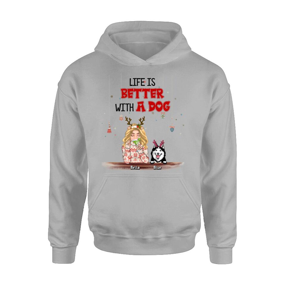 Personalized Christmas Dog Mom T-shirt/Long Sleeve/Sweatshirt/Hoodie - Up to 5 Dogs - Christmas Gift Idea For Dog Mom/Dog Lover - Life Is Better With Dogs