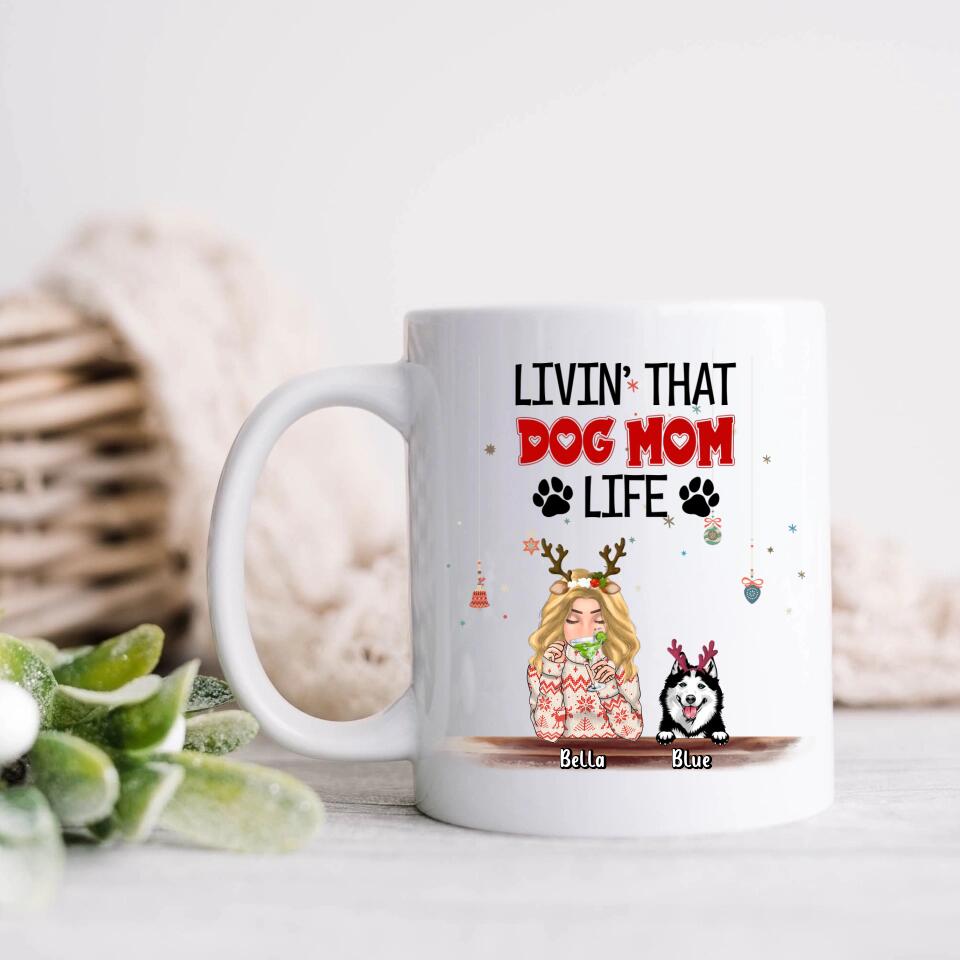 Personalized Christmas Dog Mom Coffee Mug - Up to 5 Dogs - Christmas Gift Idea For Dog Mom/Dog Lover - Livin' That Dog Mom Life