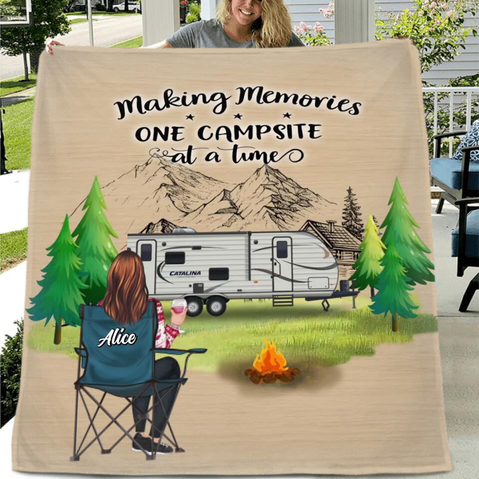 Personalized Camping Quilt/Fleece Blanket/Pillow Cover - Parents with Up to 2 Kids, 3 Pets - Gift Idea For Family/Couple/Camping Lovers - Making Memories One Campsite At A Time