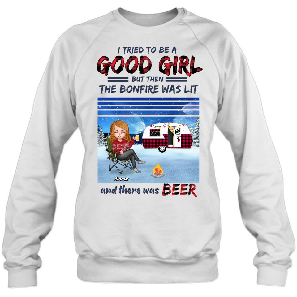 Personalized Xmas Camping Girl Shirt/Hoodie - Christmas Gift For Camping Lover - Girl With Up to 4 Dogs - I Tried To Be A Good Girl