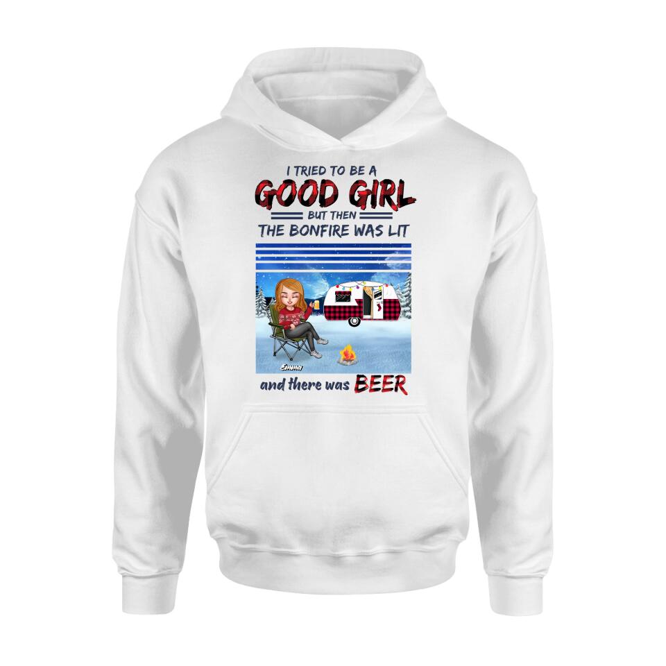 Personalized Xmas Camping Girl Shirt/Hoodie - Christmas Gift For Camping Lover - Girl With Up to 4 Dogs - I Tried To Be A Good Girl