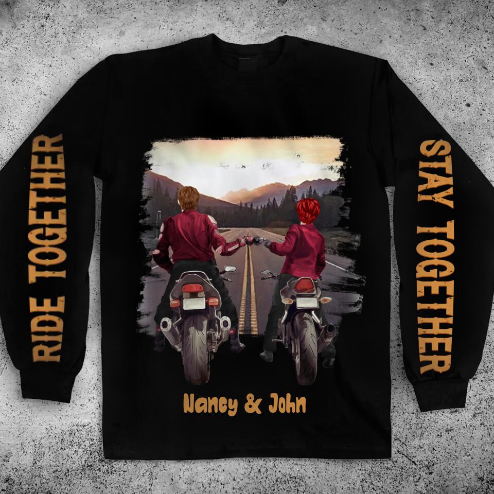 Personalized Biker Couple Long Sleeve Shirt - Gift Idea For Couple/Bikers - Ride Together Stay Together