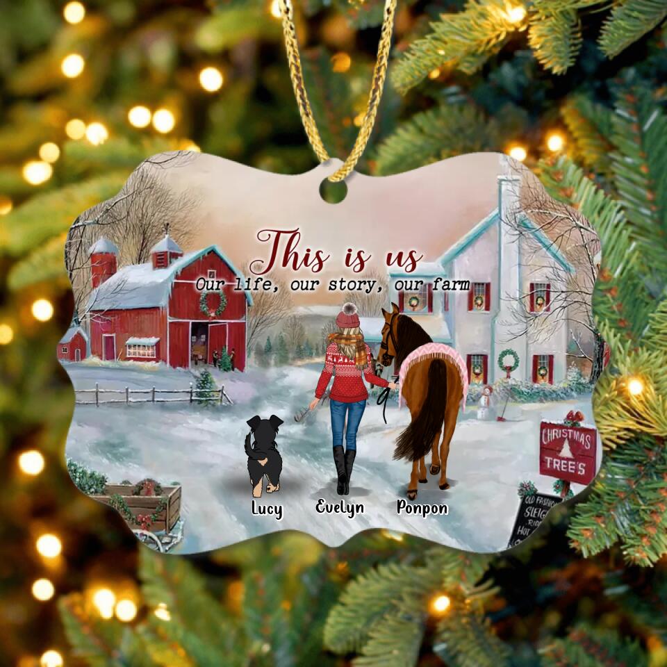 Personalized Girl On The Farm Rectangle Wooden Ornament - Gift Idea For Girl/Farming Lovers/Horse/Dog Lovers - Up To 4 Dogs - This Is Us, Our Life, Our Story, Our Farm