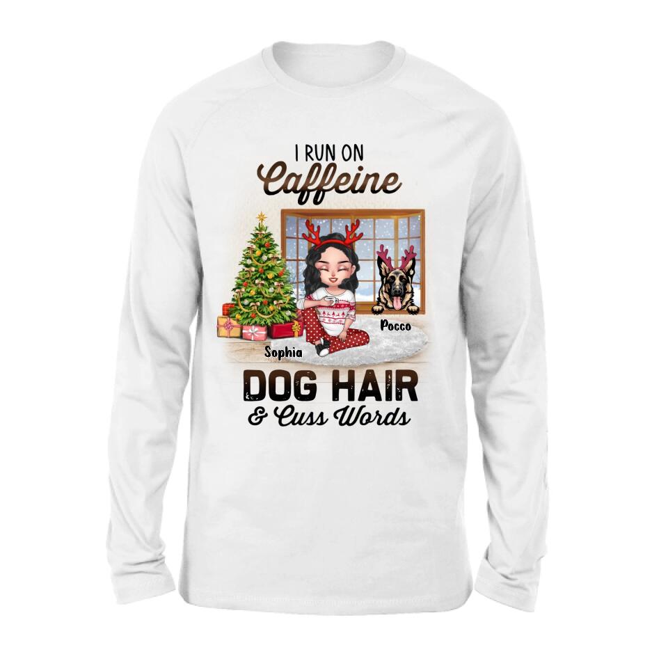 Personalized Pet Mom Shirt - Up to 3 Dogs/Cats - Christmas Gift Idea For Dog/Cat Lovers - I Run On Caffeine Dog Hair & Cuss Words
