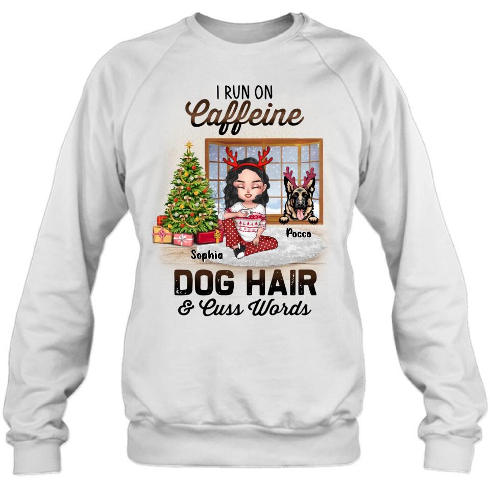 Personalized Pet Mom Shirt - Up to 3 Dogs/Cats - Christmas Gift Idea For Dog/Cat Lovers - I Run On Caffeine Dog Hair & Cuss Words