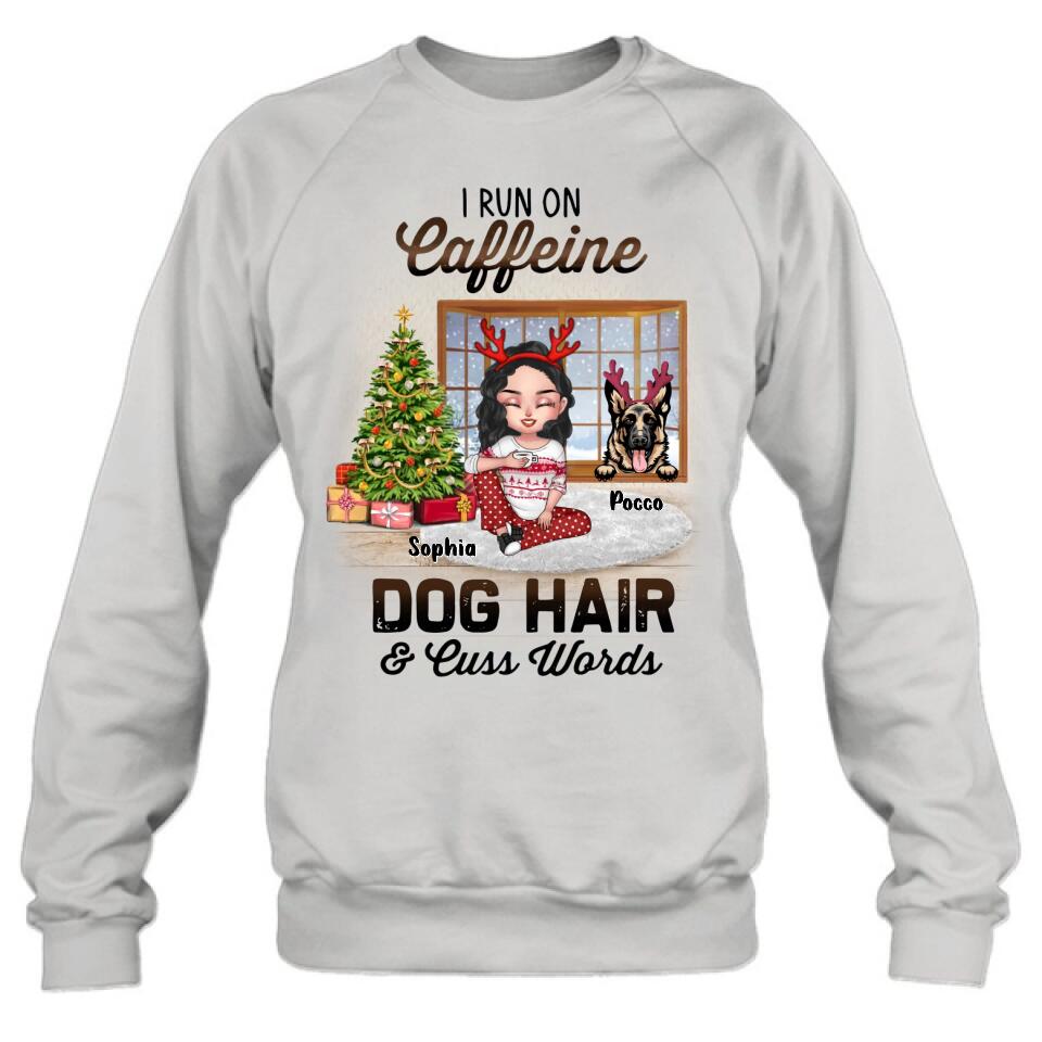Personalized Pet Mom Shirt - Up to 3 Dogs/Cats - Christmas Gift Idea For Dog/Cat Lovers - I Run On Caffeine Dog Hair & Cuss Words
