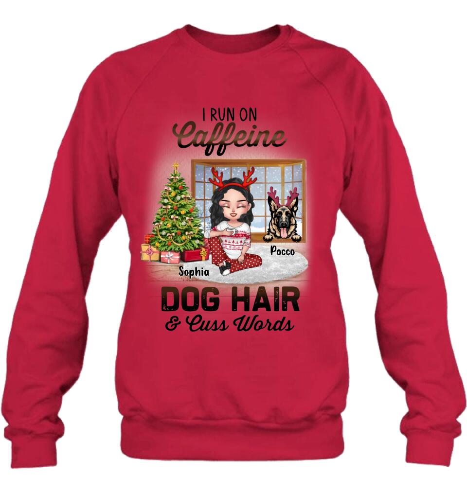 Personalized Pet Mom Shirt - Up to 3 Dogs/Cats - Christmas Gift Idea For Dog/Cat Lovers - I Run On Caffeine Dog Hair & Cuss Words
