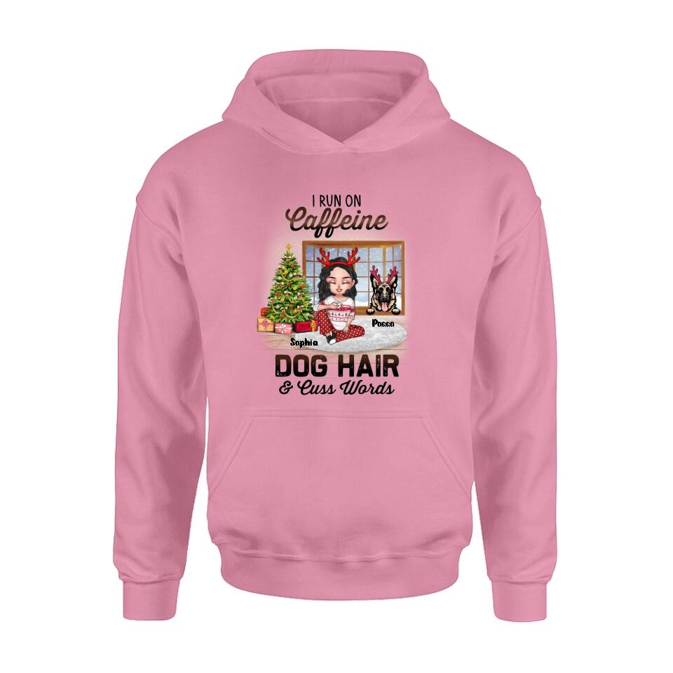 Personalized Pet Mom Shirt - Up to 3 Dogs/Cats - Christmas Gift Idea For Dog/Cat Lovers - I Run On Caffeine Dog Hair & Cuss Words
