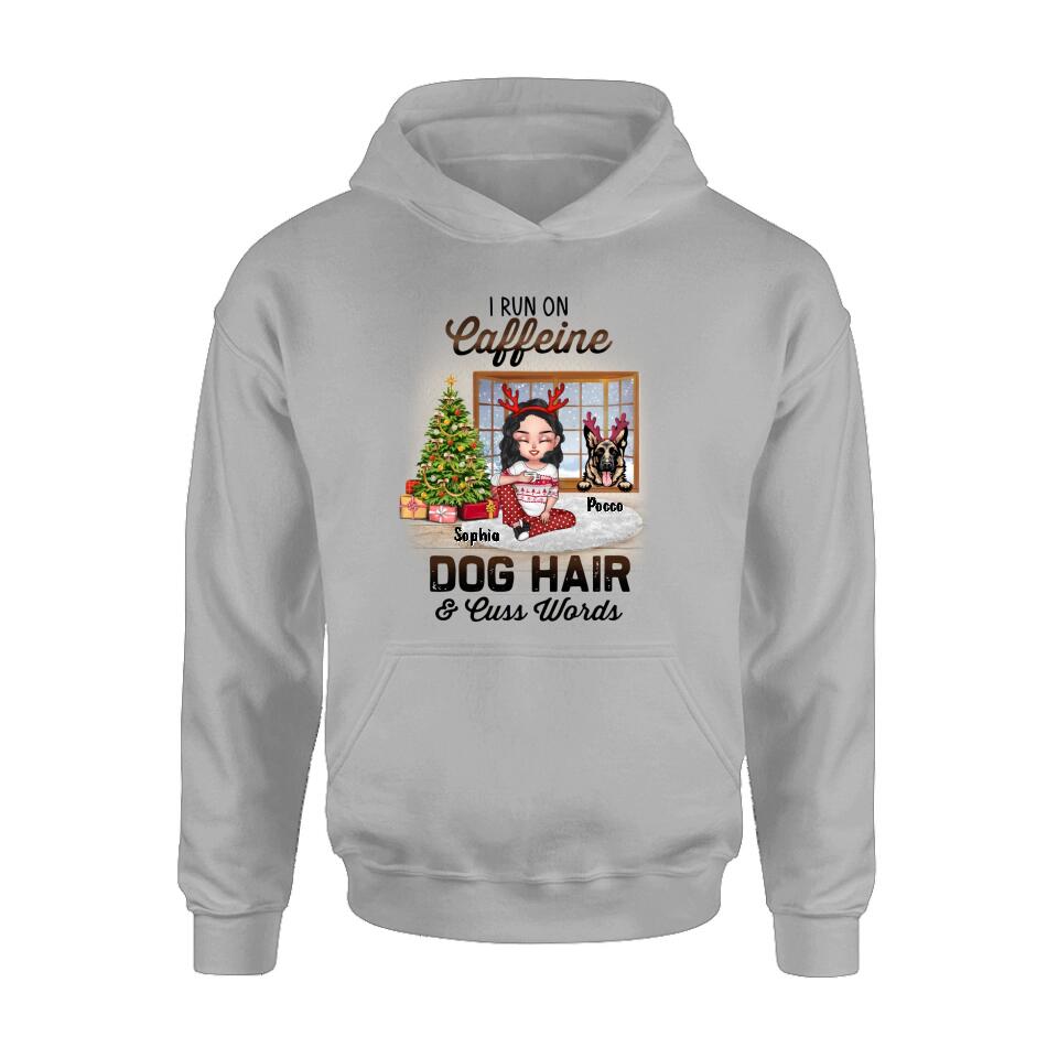 Personalized Pet Mom Shirt - Up to 3 Dogs/Cats - Christmas Gift Idea For Dog/Cat Lovers - I Run On Caffeine Dog Hair & Cuss Words