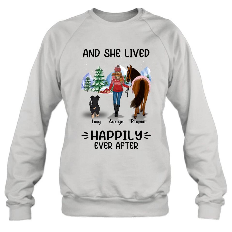 Personalized Horses & Dogs Shirt/Hoodie - Gift Idea For Horse/Dog Lovers - Up to 4 Dogs - And She Lived Happily Ever After