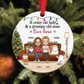 Personalized Crazy Cat Lady Circle Wooden Ornament - Gift Idea For Couple/Cat Lovers With Up to 2 Cats - A Crazy Cat Lady& A Grumpy Old Man Live Here