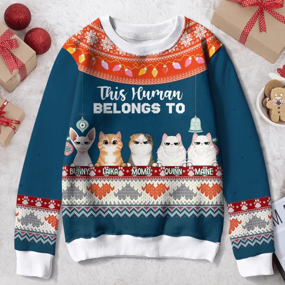 Personalized Xmas Cat All-Over Print Sweater - Up to 5 Cats - Christmas Gift Idea For Cat Lover - This Human Belongs To