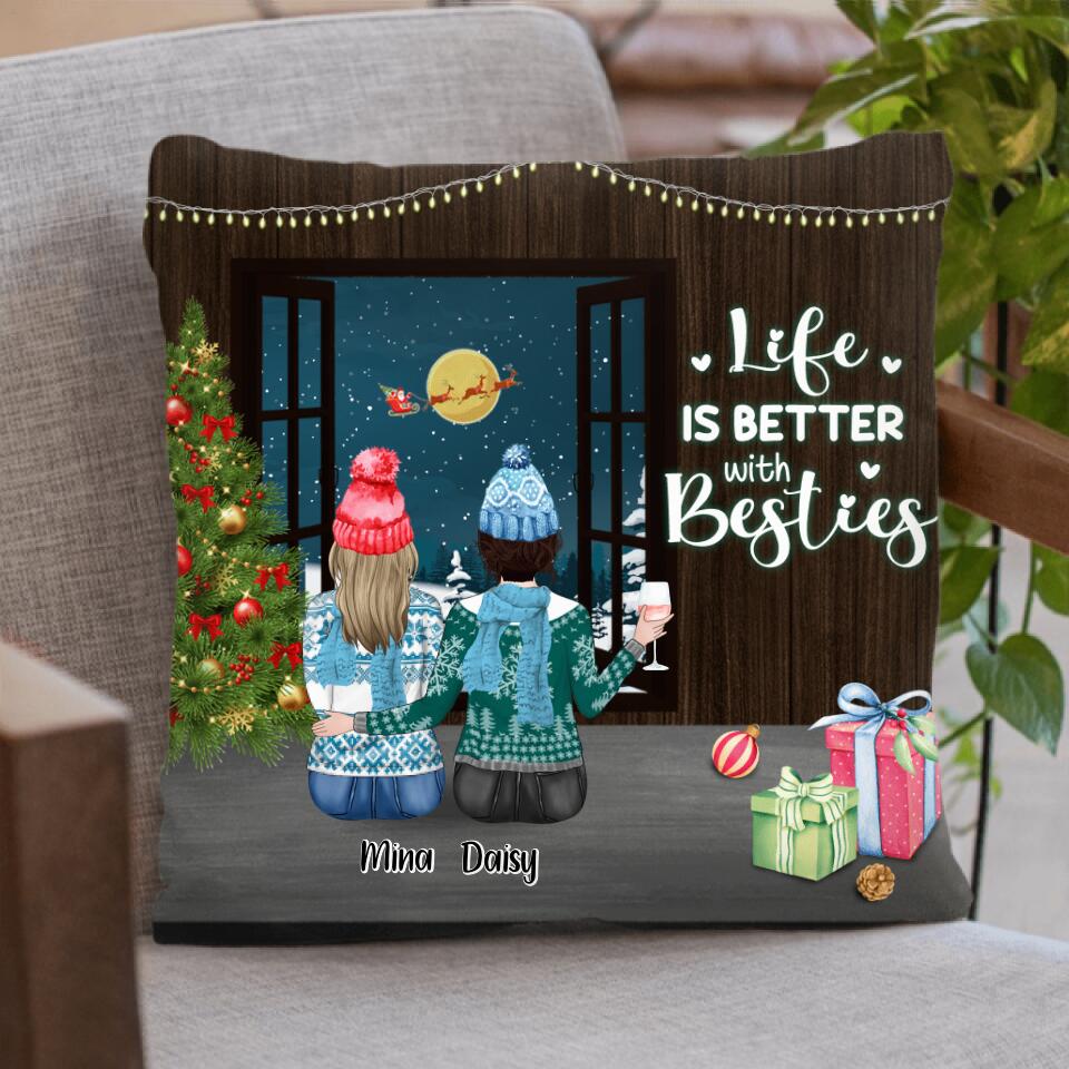 Personalized Christmas Besties With Wine By Window Pillow Cover - Up to 4 Girls - Christmas Gift For Best Friends - Life Is Better With Besties