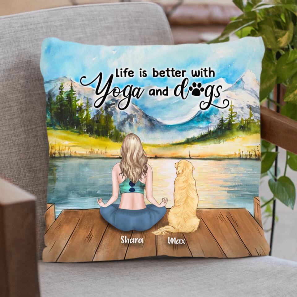 Personalized Yoga Dog Mom Quilt/Fleece Blanket/Pillow Cover - Woman With Up to 4 Dogs - Gift For Dog Lover - Life Is Better With Yoga And Dogs