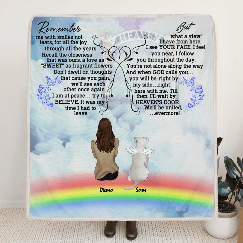 Personalized Memorial Pets Fleece/Quilt/Pillow Cover - Man/Woman With Up to 6 Pets - Memorial Gift For Dog Lovers/Cat Lovers - Remember me with smiles not tears- AXSIO5