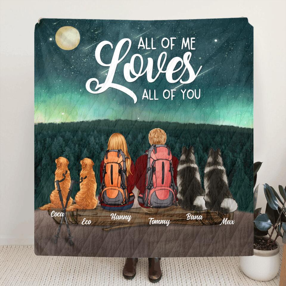 Personalized Camping Blanket/Pillow Cover - Gift For Couples, Camping Lovers, Dog Lovers - Up to 4 Dogs - Dogs & Couple Camping Fleece/Quilt/Pillow Cover Cushion Cover - All of me loves all of you