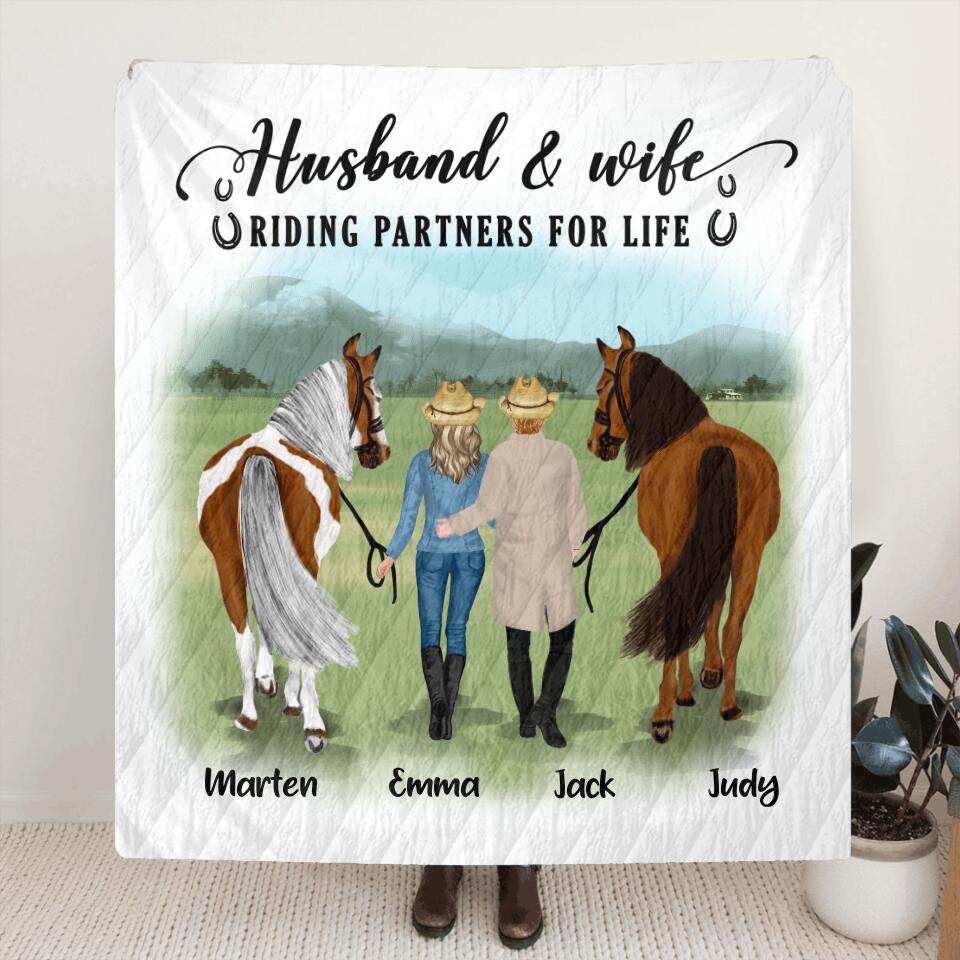 Personalized Horse Couple Quilt/Fleece Blanket & Pillow Cover - Best Gift For Couple, Lover - Husband And Wife Riding Partners For Life