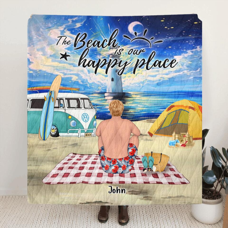Personalized Camping Beach Quilt/Fleece Blanket & Pillow Cover - Up to 4 People - Best Gift For Camping Lovers - The Beach Is Our Happy Place