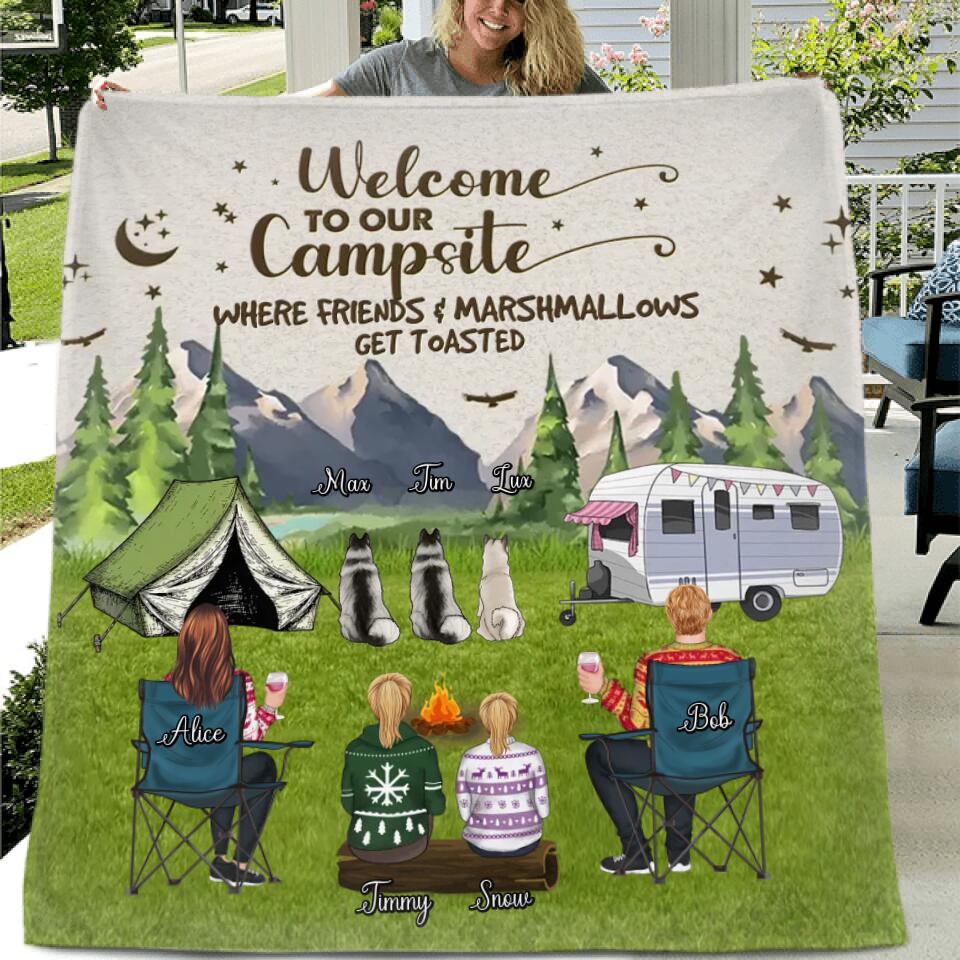 Personalized Camping Quilt/Fleece Blanket/Pillow Cover - Adult/Couple/Single Parent/Parents with Up to 3 Pets - Gift Idea For Couple/Camping/Dog/Cat Lovers - Welcome To Our Campsite