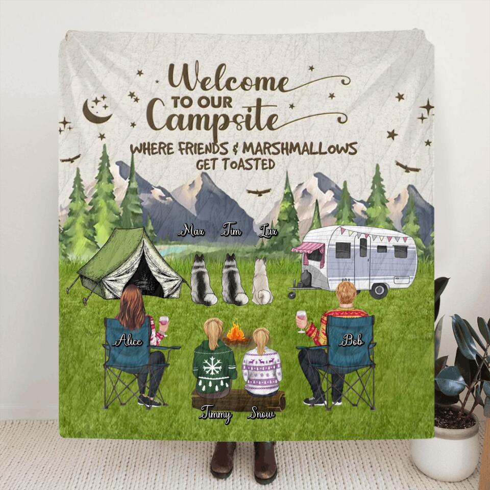 Personalized Camping Quilt/Fleece Blanket/Pillow Cover - Adult/Couple/Single Parent/Parents with Up to 3 Pets - Gift Idea For Couple/Camping/Dog/Cat Lovers - Welcome To Our Campsite