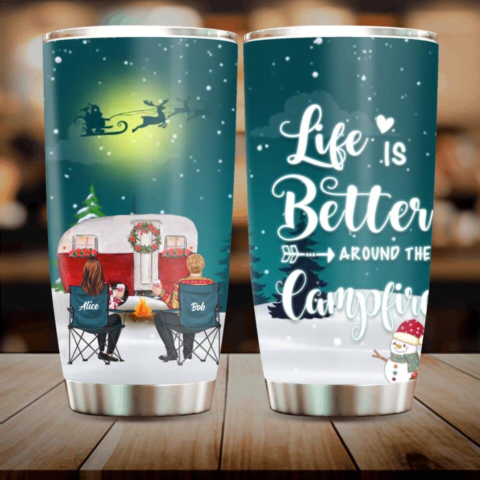 Personalized Xmas Camping Tumbler - Adult/Couple/Single Parent/Parents with Up to 2 Kids And 3 Pets - Christmas Gift Idea For Camping/ Dog/ Cat Lovers - Life Is Better Around The Campfire