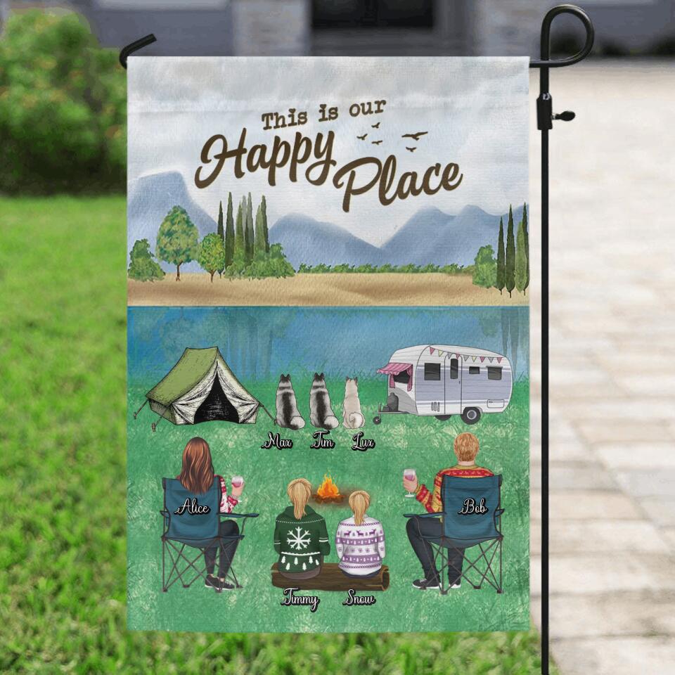 Personalized Camping Flag Sign - Adult/Couple/Single Parent/Parents With Up to 2 Kids And 3 Pets - Gift Idea For Couple/Camping/Dog/Cat Lovers - This Is Our Happy Place